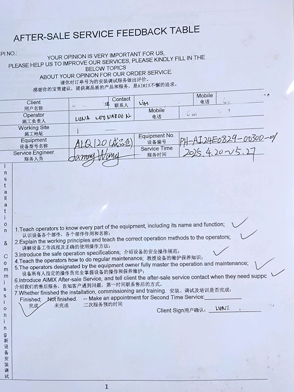 after sale service feedback table about 120tph asphalt batch mix plant and its service