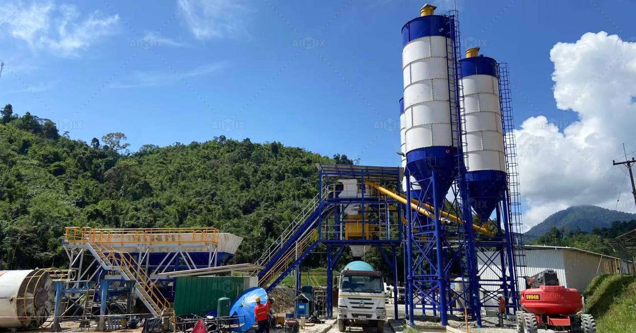AJ60 concrete mixing plant working efficiently in Laos