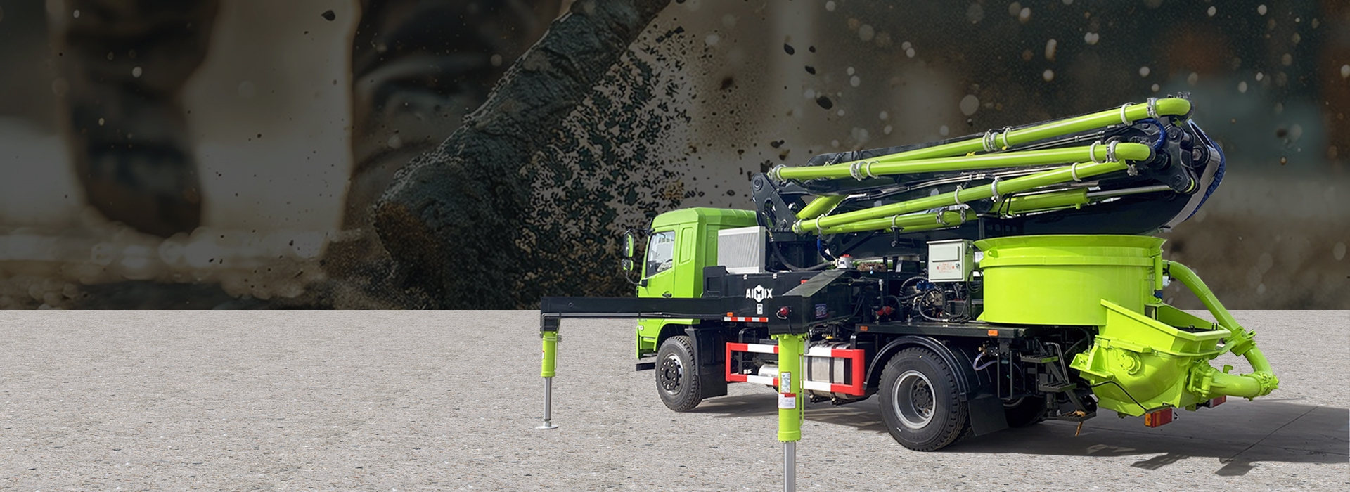 Concrete Mixing Pump with Boom and Pan Mixer Banner