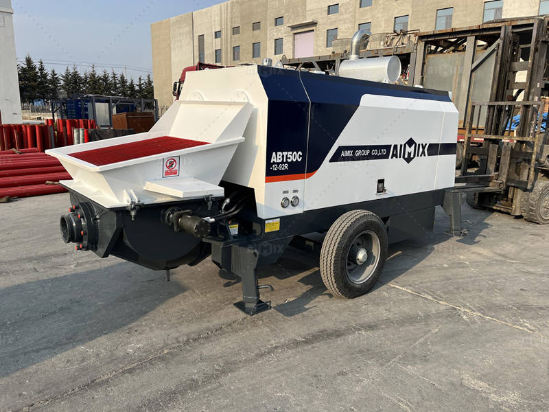 trailer concrete pump being checked before shipment